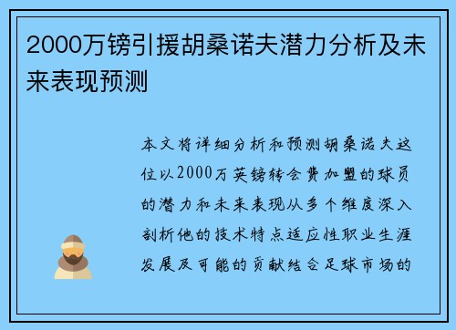 2000万镑引援胡桑诺夫潜力分析及未来表现预测