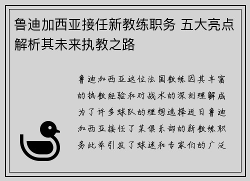 鲁迪加西亚接任新教练职务 五大亮点解析其未来执教之路